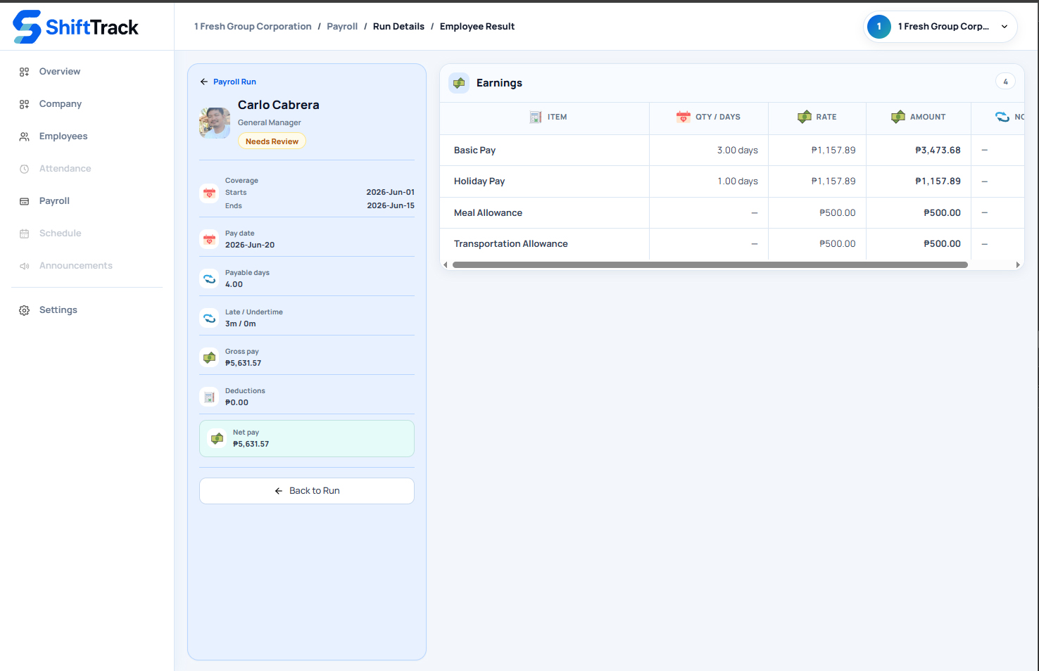 ShiftTrack employee payroll result and earning line items